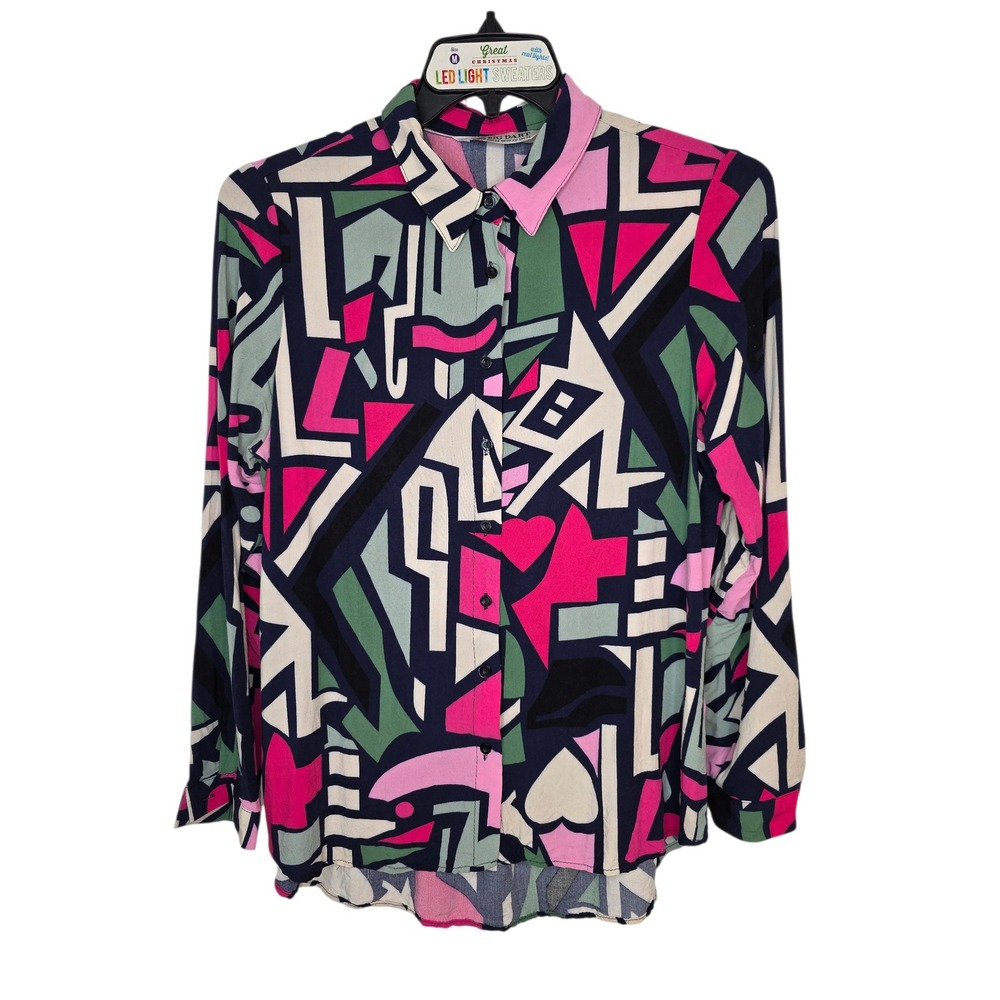 Big Dart Womens Geometric Abstract Print Button Down Shirt Pink Green Navy UK 14